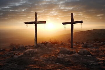 Crucifixion Of Jesus Christ At Sunrise - Three Crosses On Hill - generative ai - obrazy, fototapety, plakaty