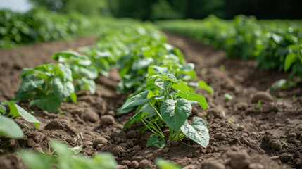 Young shoots of sweet potato in open ground