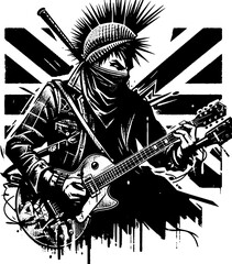 Rebel  Character with Guitar and Mohawk. Grunge Punk Print, Retro Illustration