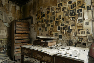 An abandoned room with wall filled with photos