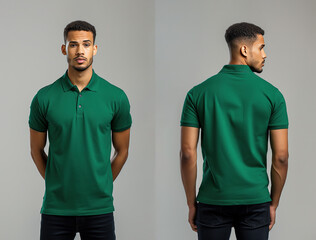 Front and back views of a man wearing a green polo shirt mockup template