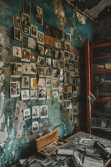 An abandoned room with wall filled with photos