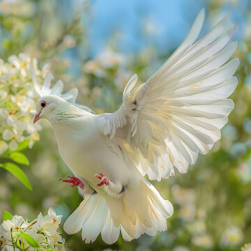 White dove mid-flight among blossoming flowers.