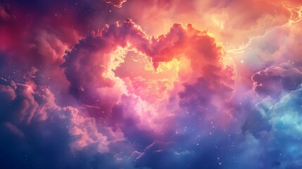 3D Abstract Colorful Clouds Heart on Dramatic Sky. Valentine's Day Background with an Astronomical Nebula Sky, Perfect for Valentine's Day, Mother's Day, Women's Day, and Earth Day