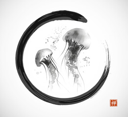Ink painting of gracefully floating jellyfishes in black enso zen circle. Traditional oriental ink painting sumi-e, u-sin, go-hua. Translation of hieroglyph - zen