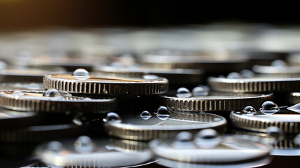 Macro shot of coins with water droplets ai generated closeup image