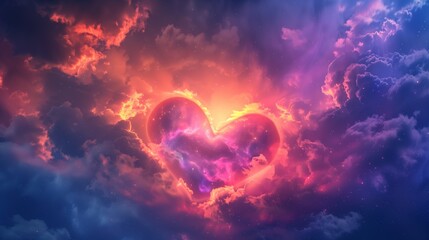 3D Abstract Colorful Clouds Heart on Dramatic Sky. Valentine's Day Background with an Astronomical...