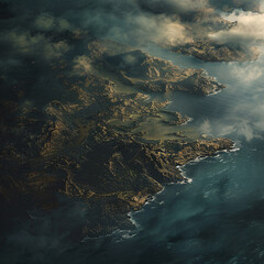 Aerial view of a rugged coastline, bathed in sunlight and surrounded by misty clouds - obrazy, fototapety, plakaty