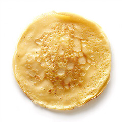A top view of a golden, fluffy pancake with crispy edges on a white background - obrazy, fototapety, plakaty