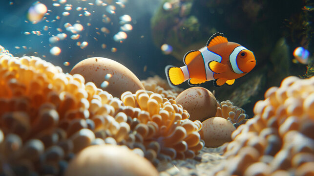 A clownfish swims near sea anemones, bubbles rise in the sunlit underwater scene