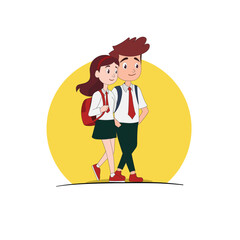 Boy and girl going to elementary or middle school vector illustration. Happy students holding books isolated on white. Collection of children with backpacks or bags