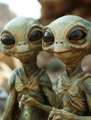 Friendly Visitors: Two charming aliens sharing a moment on a distant planet
