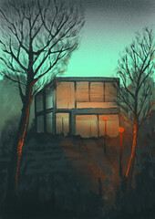 Illustration of house at dusk with trees © Inma