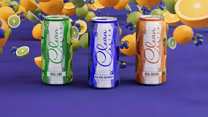 Can Models Surrounded By Fruits With Blue Background
( 3D Model , 3D Rendering , 3D Illustration )