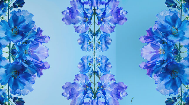 Theme of sustainability and summer, sustainable summer, summer delphinium flowers modern style background, symmetrical vibrant eco banner, isolated, abstract, organic nature-inspired natural textures