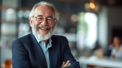 Senior bearded man with glasses sitting at table with arms crossed in thoughtful contemplation