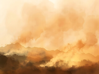 The view of the mountain is obscured by a large wildfire, with smoke spreading across the sky. pm 2.5 smog vector illustration. Environment and air pollution concept background, Global Boiling.
