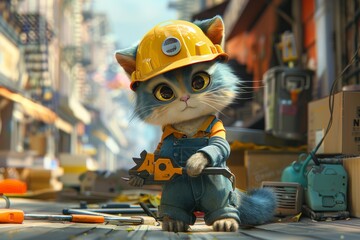 Feline Construction Worker in Hat and Overalls