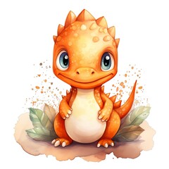 Orange dinosaur watercolor illustration