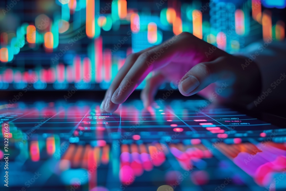 Poster analyzing financial data on digital interface. person's hand interacts with a futuristic digital int
