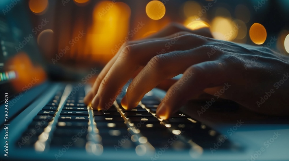 Poster typing on laptop keyboard with warm bokeh lights. close-up of hands typing on a laptop keyboard with
