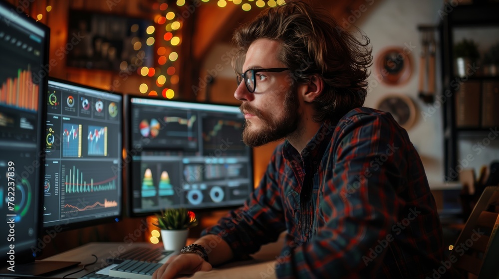 Poster trader monitoring market performance displays. young male trader with glasses analyzes financial mar