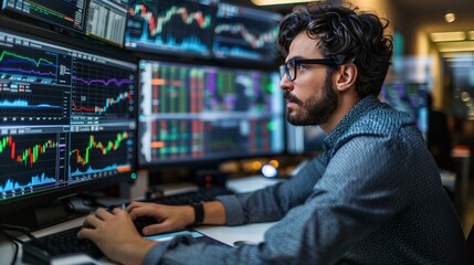 Concentrated Financial Analyst Evaluating Stock Charts. Intensely concentrated male financial analyst evaluating complex stock charts on multiple computer monitors in a modern office. - obrazy, fototapety, plakaty
