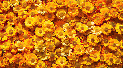 Naklejka na ściany i meble Theme of sustainability and summer, sustainable summer, summer marigold flowers modern style background, symmetrical vibrant eco banner, isolated, abstract, organic nature-inspired natural textures