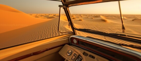 seen from inside a car driving in the desert