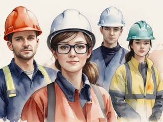 A group of people who are wearing Safety Equipment, watercolor effect