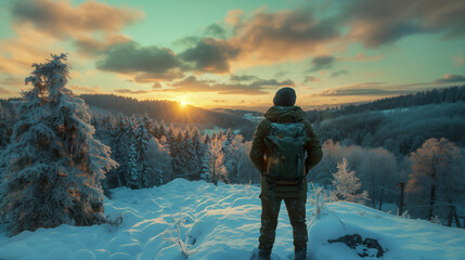 A tourist on the top of a mountain, a man enjoying the view of the sunset. Winter landscape. Bokeh effect. AI generative - obrazy, fototapety, plakaty