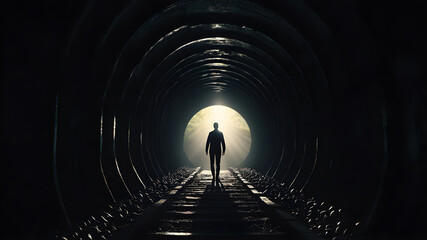 man in tunnel, Concept or conceptual dark tunnel with a bright light at the end or exit as metaphor...