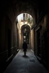 a person walking alone through a dim, atmospheric alleyway, surrounded by old, textured walls - obrazy, fototapety, plakaty