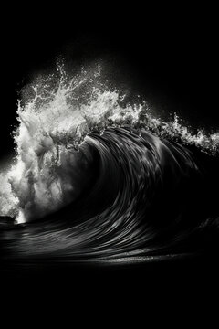 A dramatic black and white image capturing a powerful wave crashing, showcasing its energy and motion