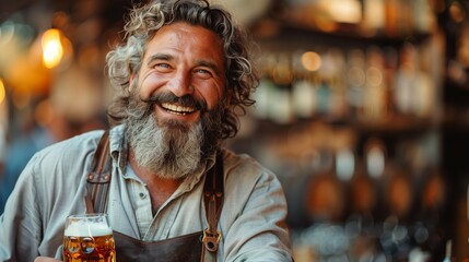 Bavarian Man Laughing with Glass of Beer. Bavarian man with a hearty laugh holds a glass of beer, embodying the jovial and welcoming beer culture of Bavaria. - obrazy, fototapety, plakaty