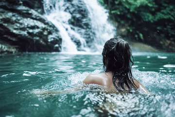 woman is swimming in a body of water with a waterfall in the background. The water is clear and calm, and the woman is enjoying her time in the water