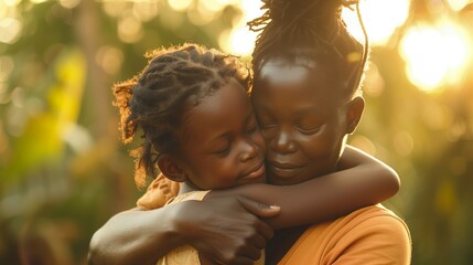 A african mother and child hugging each other,Black Woman - obrazy, fototapety, plakaty
