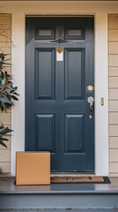 Caja de cartón en la puerta de una vivienda. Entrega a domicilio - obrazy, fototapety, plakaty
