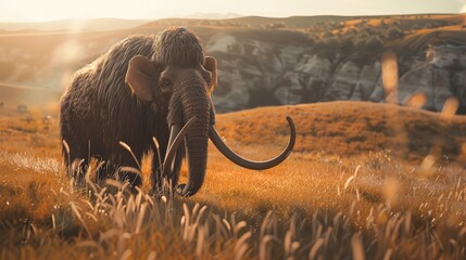 photograph of A large woolly mammoth in the grassland - obrazy, fototapety, plakaty
