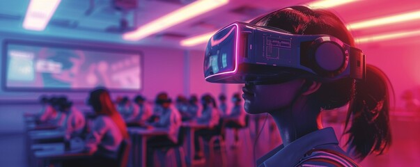 A classroom setting with students engaged in a virtual reality lesson led by an AI tutor Subject