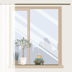 Cozy window with hot coffee cup, interesting novel books, and cute plants on the window-sill. Foggy foggy city view behind the window. Vector isolated illustration.
