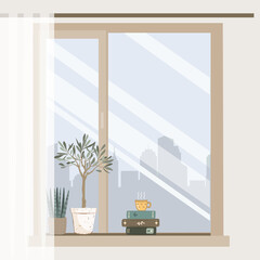 Cozy window with hot coffee cup, interesting novel books, and cute plants on the window-sill. Foggy foggy city view behind the window. Vector isolated illustration