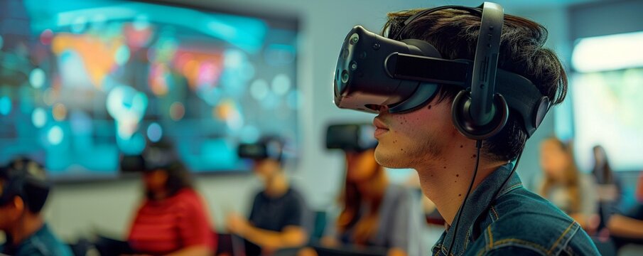 A classroom setting with students engaged in a virtual reality lesson led by an AI tutor Subject