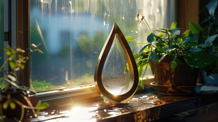 Positioned on a sunlit windowsill, a teardrop-shaped golden frame captures the fleeting beauty of a dew-kissed morning garden. - obrazy, fototapety, plakaty
