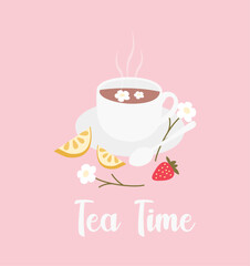 Illustration of a tea cup on a light pink background.
