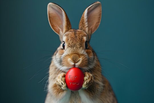 "Smiling bunny with a red Easter egg and 'For You' message". Concept Easter Bunny, Red Egg, For You Message, Smiling Portrait - Powered by Adobe