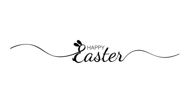 Isolated lettering written in calligraphy Happy Easter. Black text with bunny ears and tail on a white background. Wavy ribbons on the sides of the text. Element for design of banner, poster on web