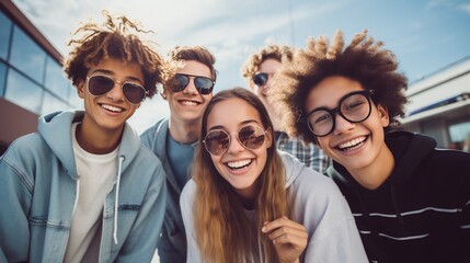 Teenage school friends having fun taking group selfie portrait on city street. Group of cheerful multiethnic friends teenagers. Multiracial concept. Generative ai