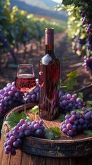 A serene vineyard scene at sunset: a wine bottle, glass, and barrel surrounded by lush grapevines