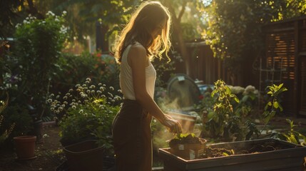 Woman gardener composting food waste in backyard, Organic waste for compost, Eco-Friendly Gardening and Recycling, sustainability and responsible stewardship through compost. Generative ai